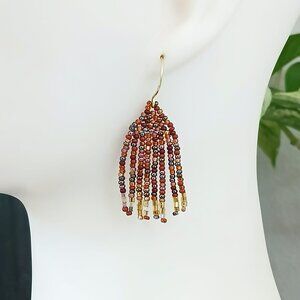 BOGO EARRINGS Small Brown & Gold Beaded Fringe Dangle Earrings, 2"